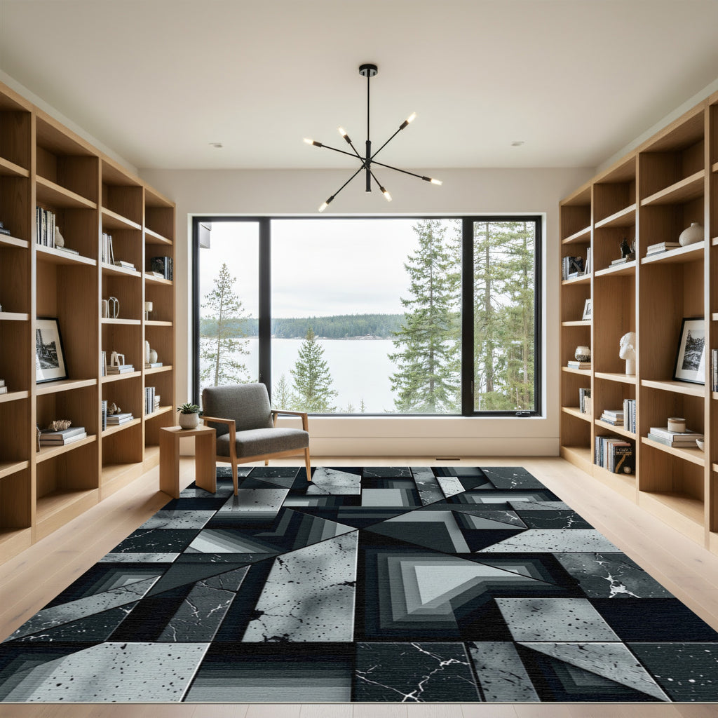Monochrome Geometric Abstract Stone Tile Rug