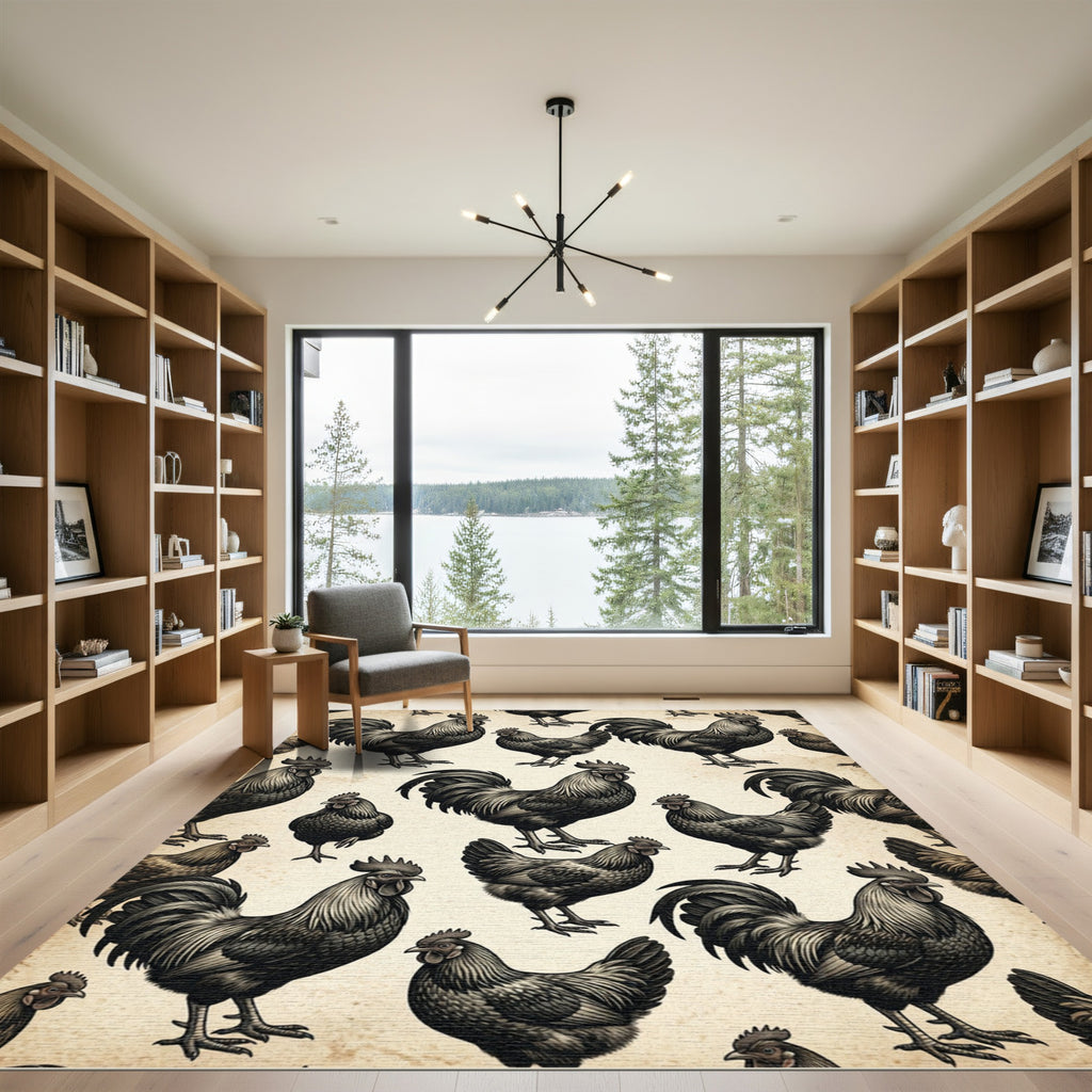 Monochrome Black Rooster Farmhouse Illustration Rug