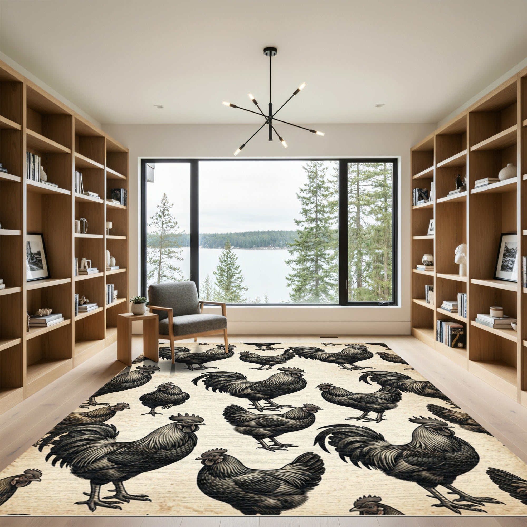 Monochrome Black Rooster Farmhouse Illustration Rug