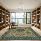 Golden Green Floral Vine Scroll Rug