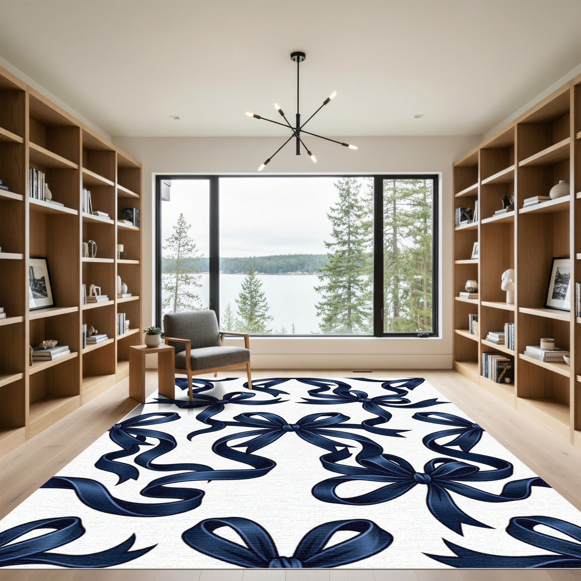 Elegant Midnight Blue Silk Ribbon Bows Rug