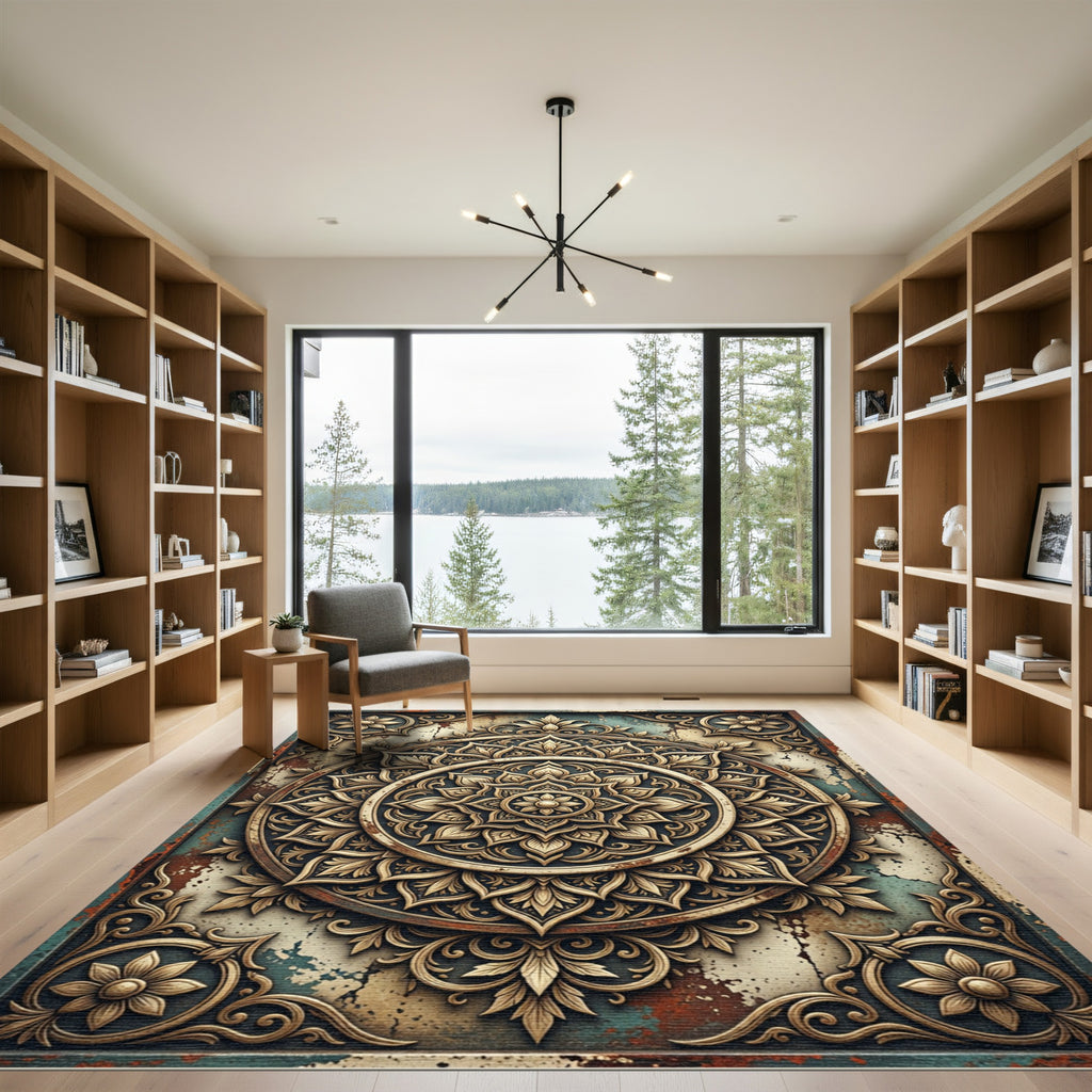 Ornate Golden Mandala Medallion Pattern Rug