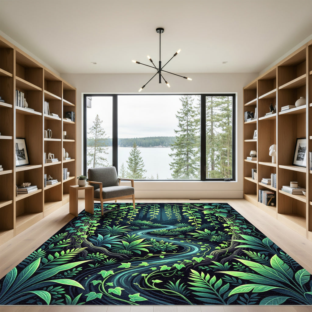 Lush Emerald Tropical Forest Stream Rug