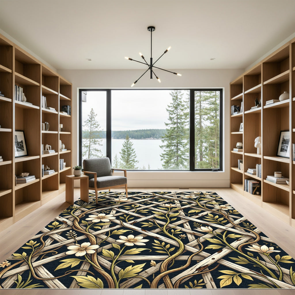 Cream Floral Trellis on Midnight Rug