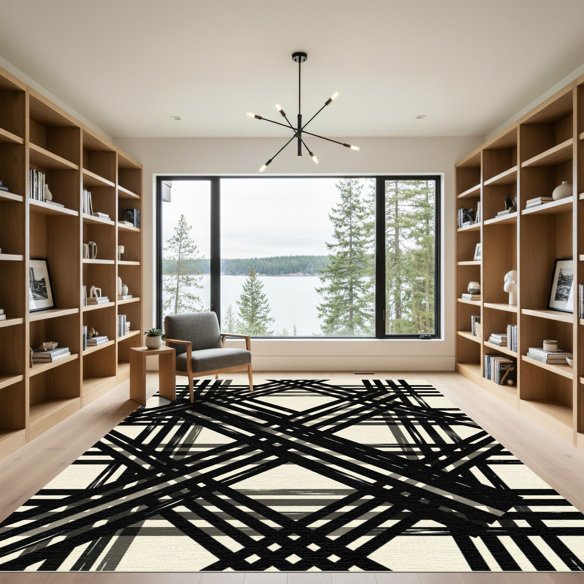 Modern Black and Cream Geometric Plaid Rug