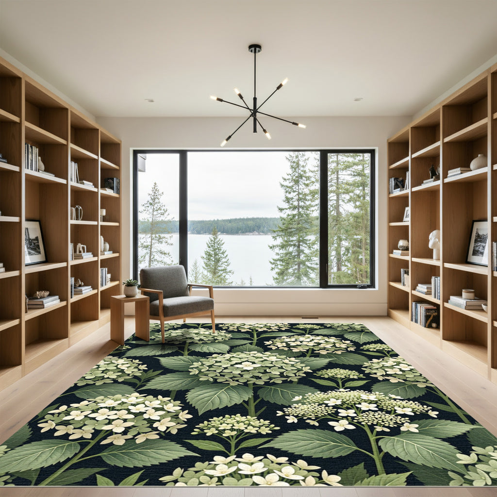 Elegant White Hydrangea Botanical Dark Background Rug