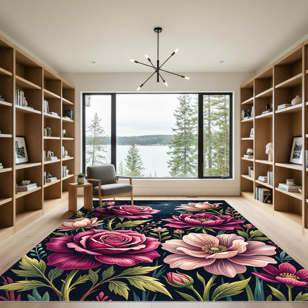 Midnight Magenta Rose Floral Garden Rug