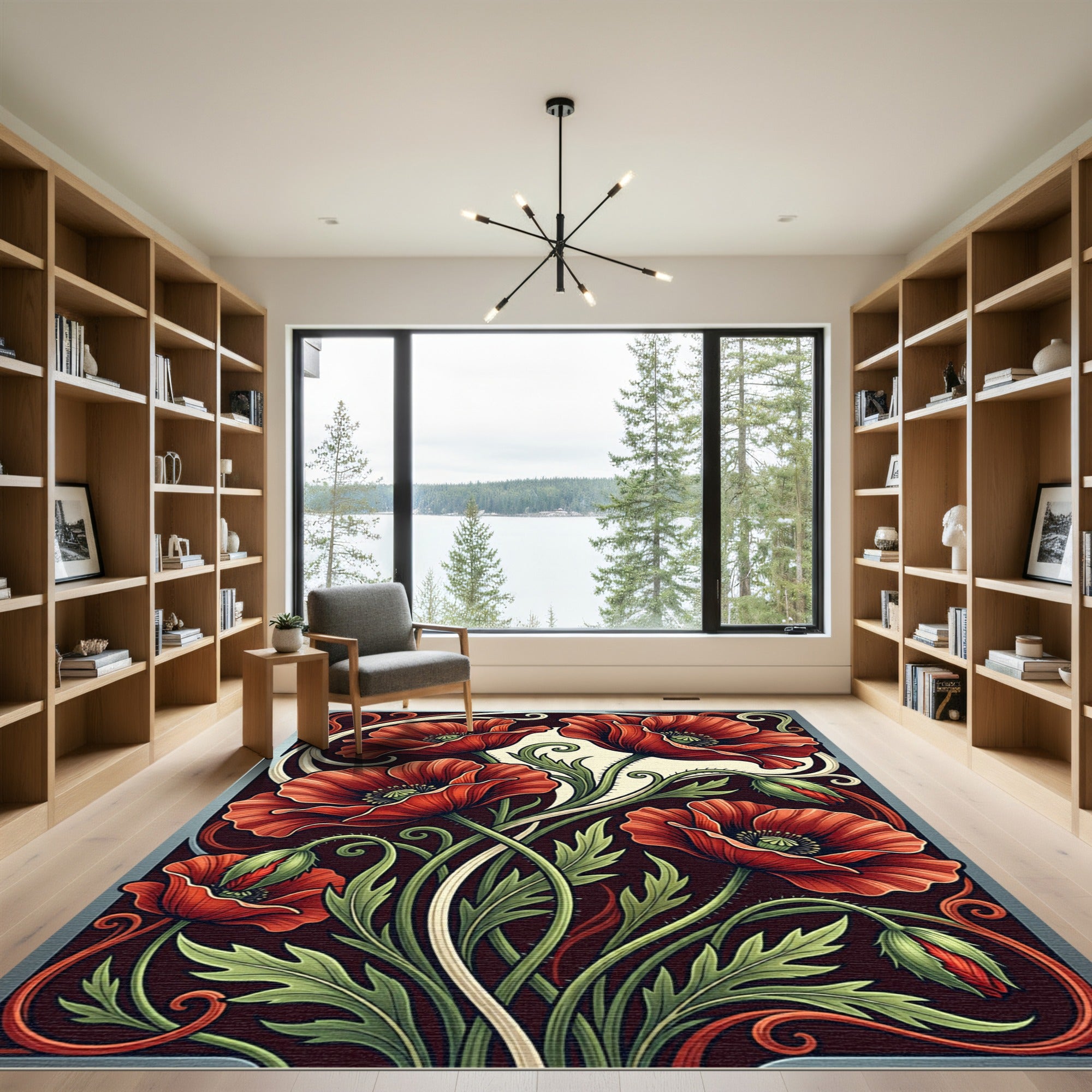 Art Nouveau Red Poppy Floral Scroll Rug