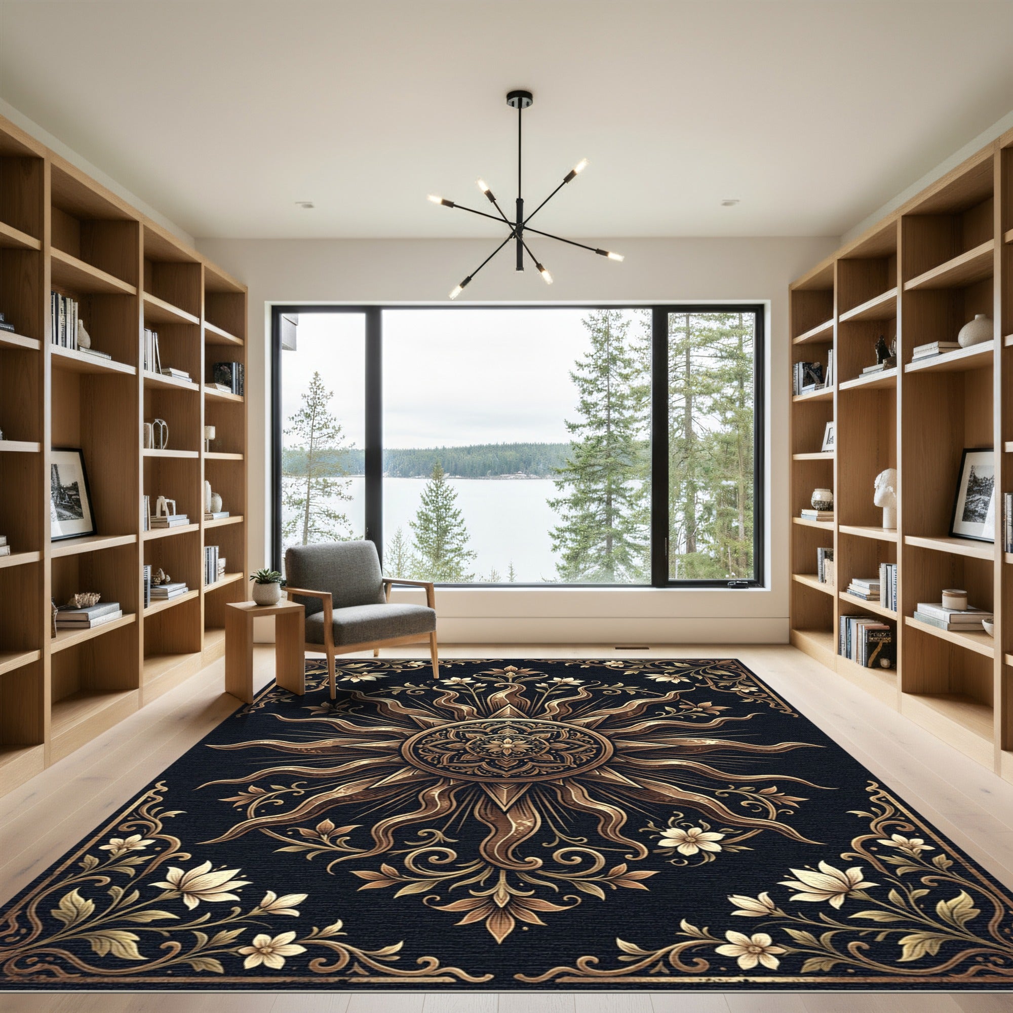 Golden Celestial Sun Floral Medallion Rug