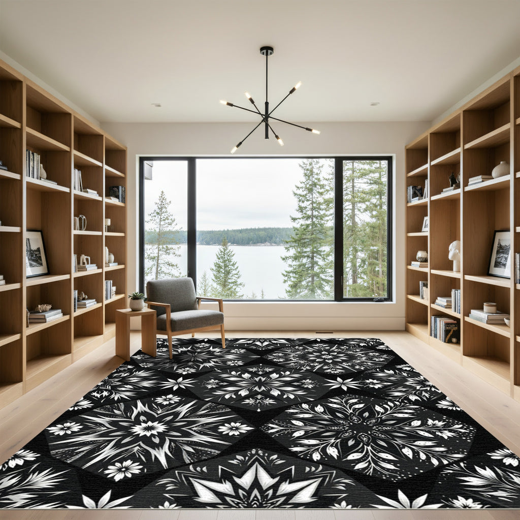 Black White Geometric Floral Medallion Rug