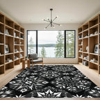Black White Geometric Floral Medallion Rug