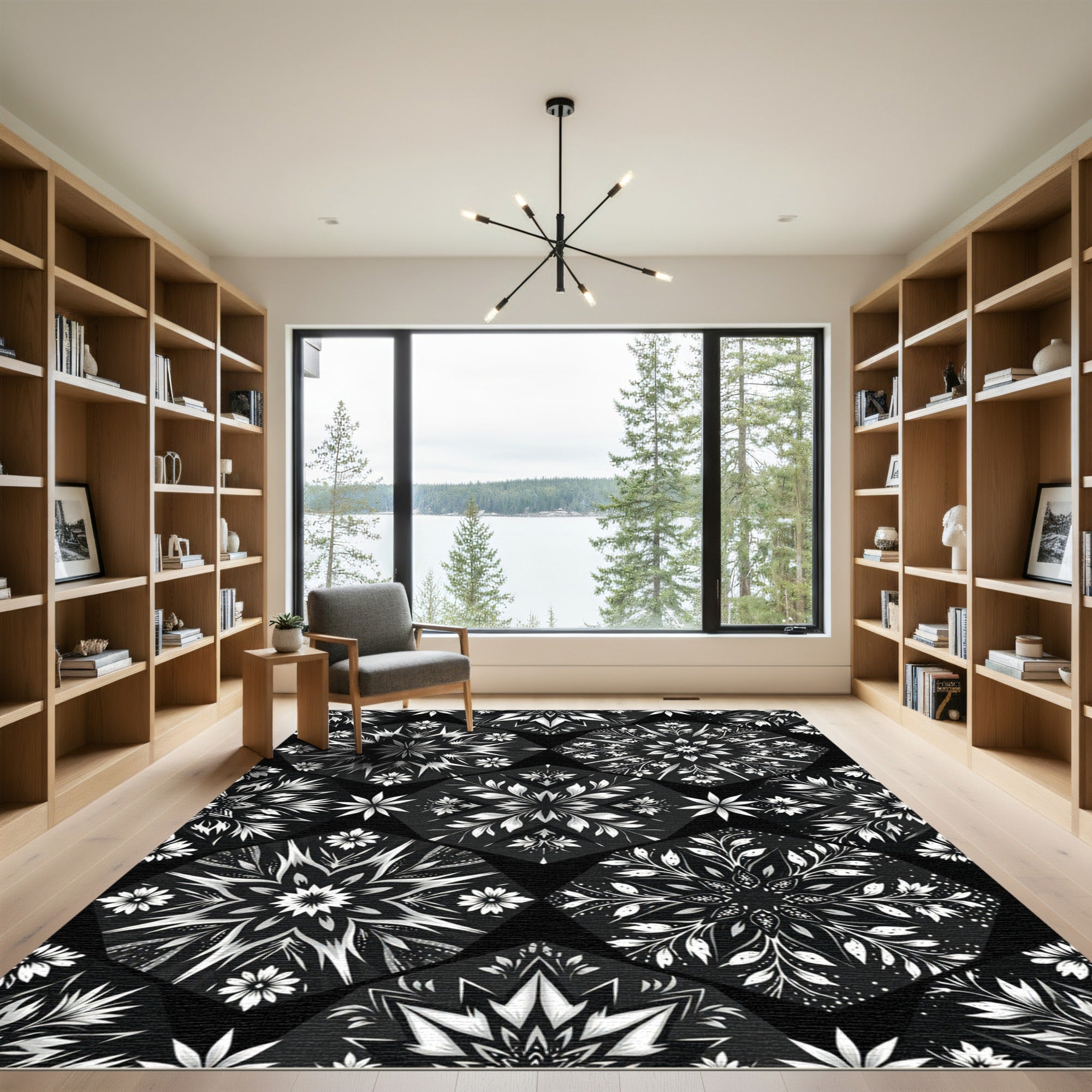Black White Geometric Floral Medallion Rug