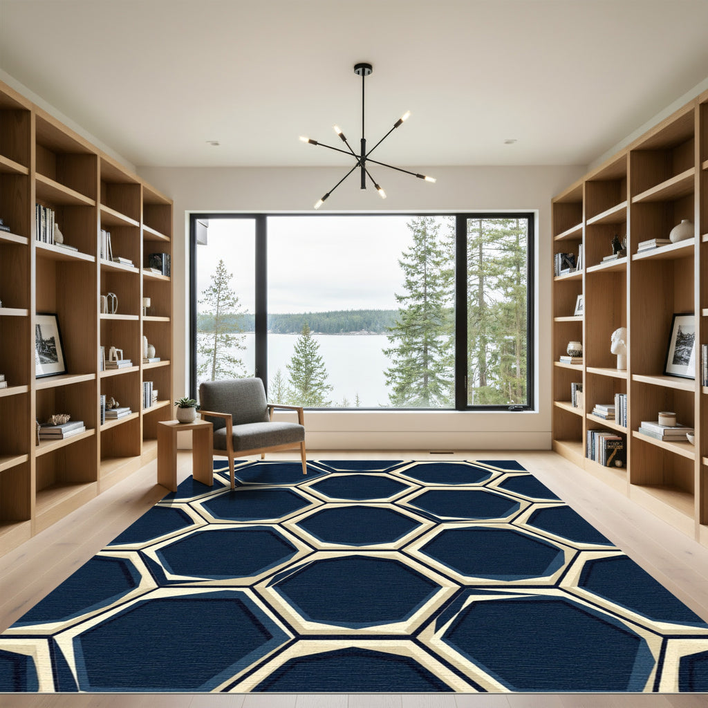 Navy and Cream Geometric Hexagon Rug