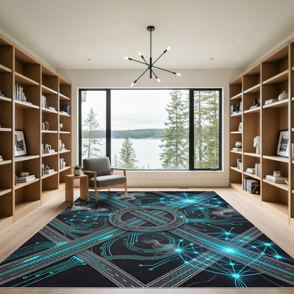 Neon Cyber Circuit Grid Tech Rug