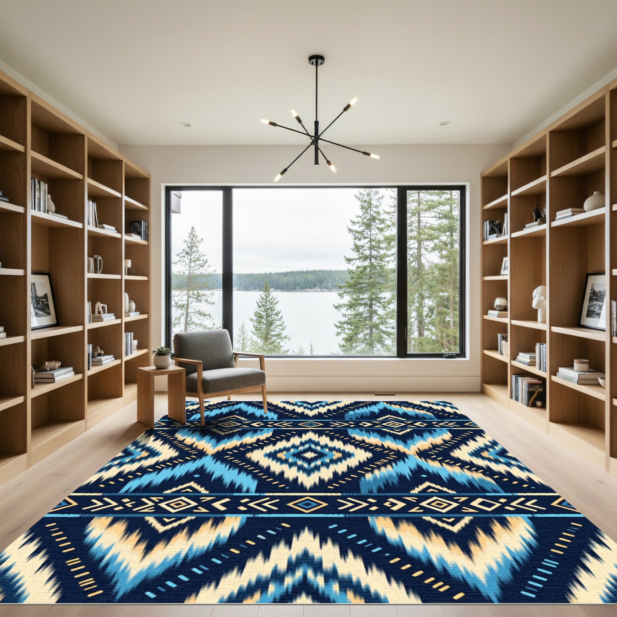 Indigo Blue Geometric Ikat Diamond Rug