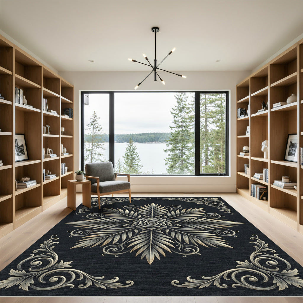 Elegant Charcoal Monochrome Botanical Rose Rug