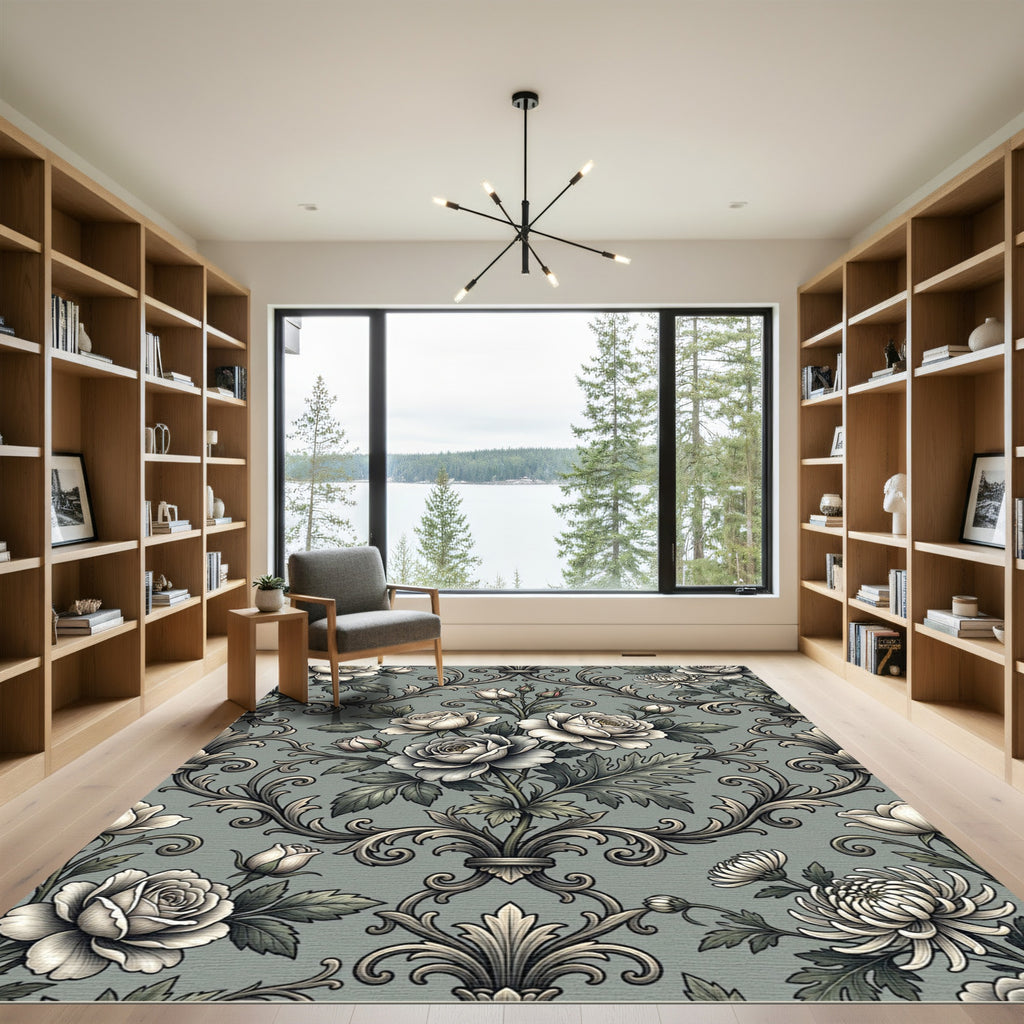Elegant Sage Damask Rose Floral Rug