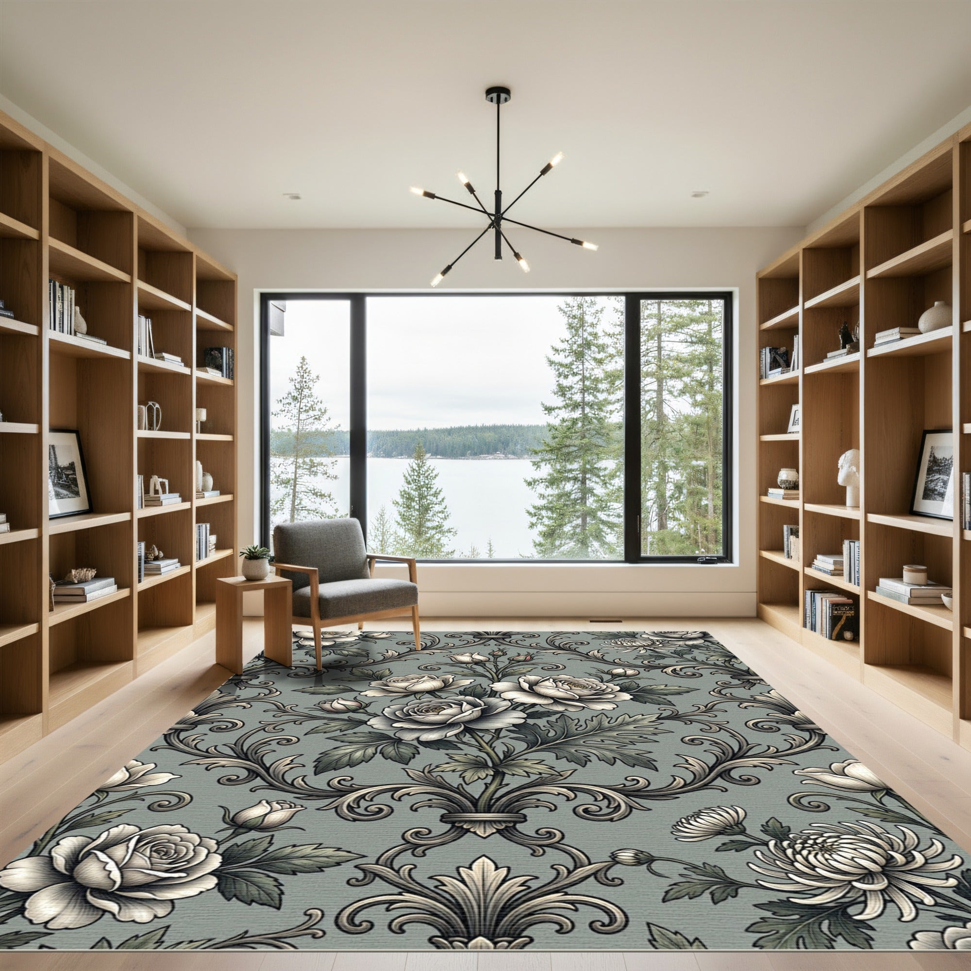 Elegant Sage Damask Rose Floral Rug
