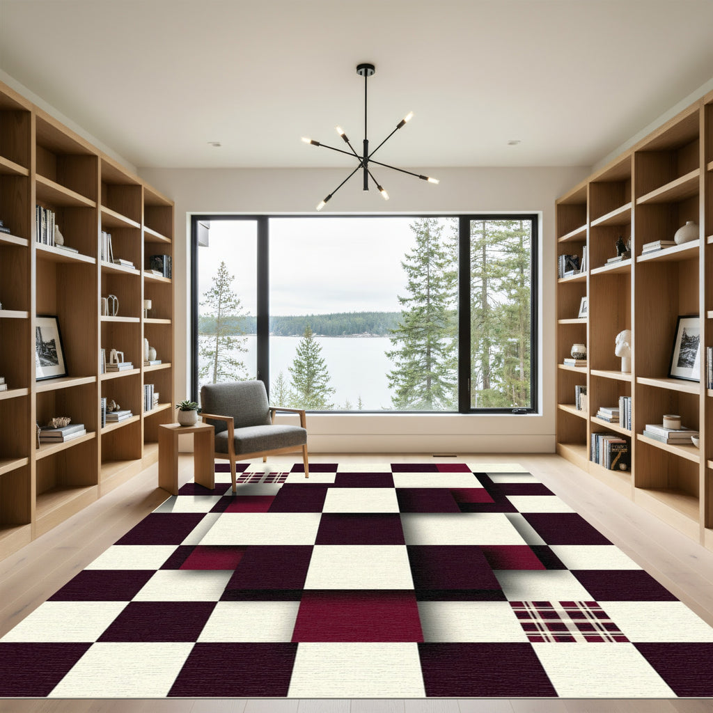 Modern Deep Burgundy Checkered Geometric Block Rug