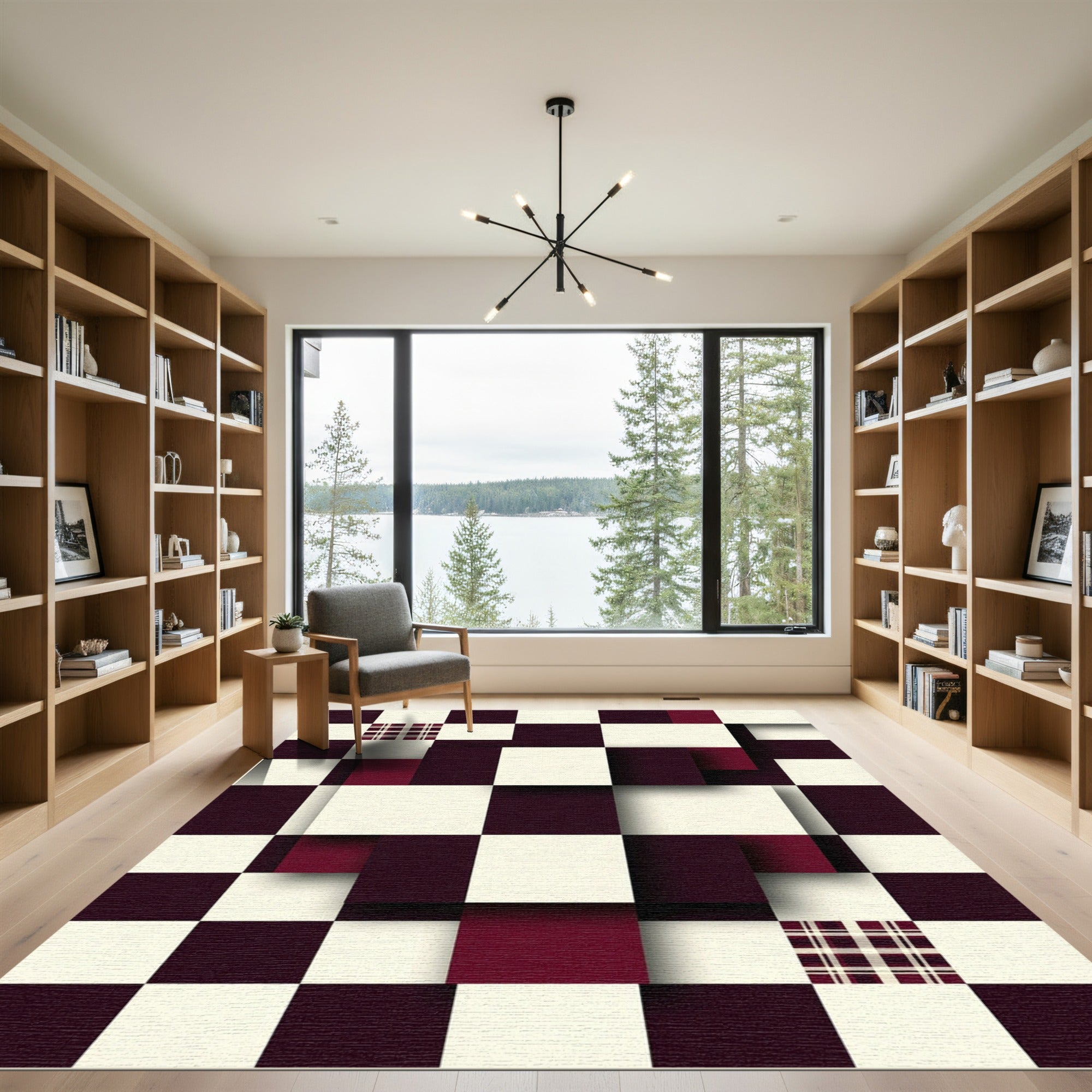 Modern Deep Burgundy Checkered Geometric Block Rug