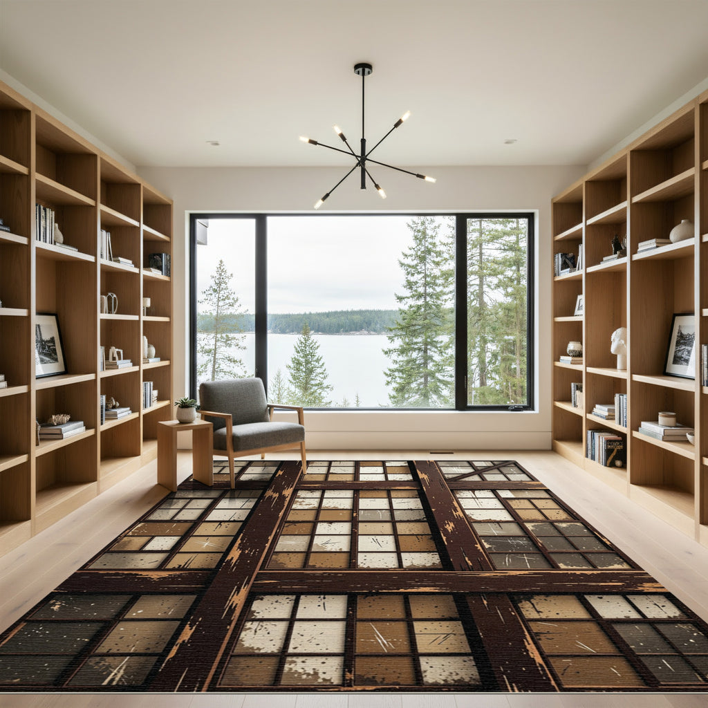 Distressed Dark Wood Paned Window Rug
