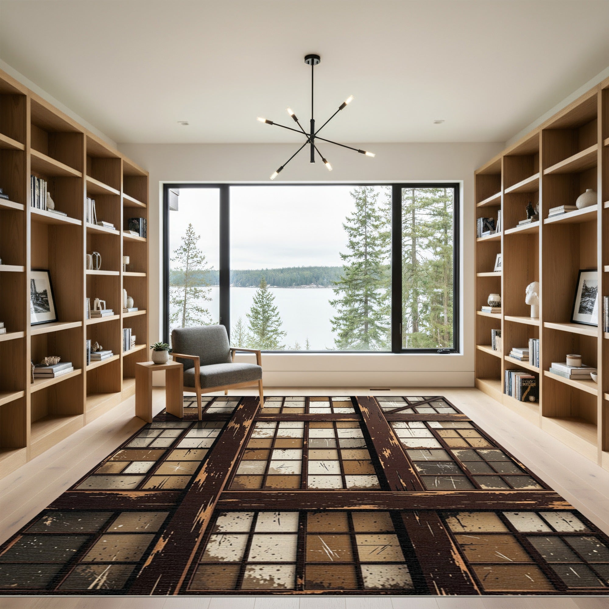 Distressed Dark Wood Paned Window Rug