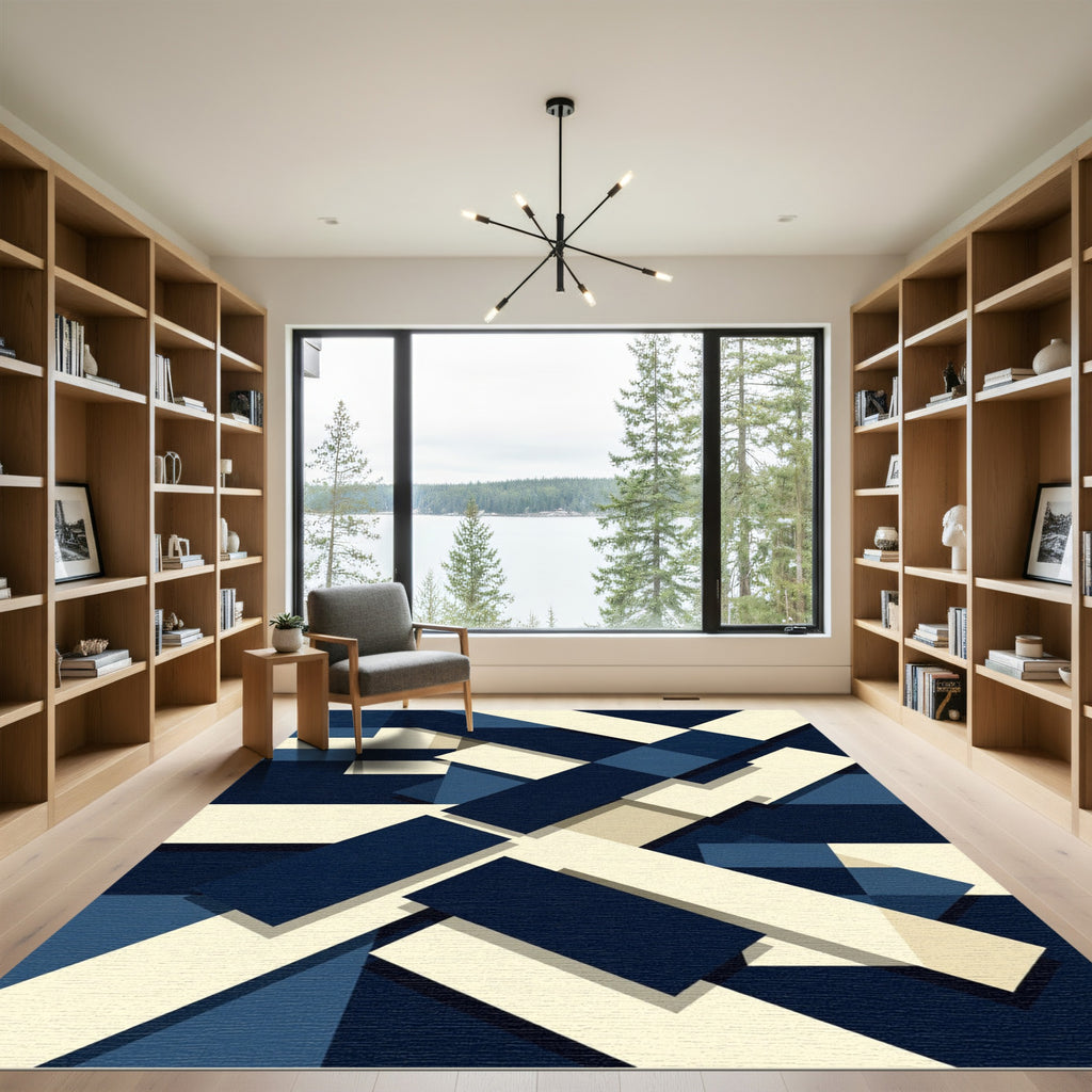 Geometric Shadowplay Dark Blue Cream Rug