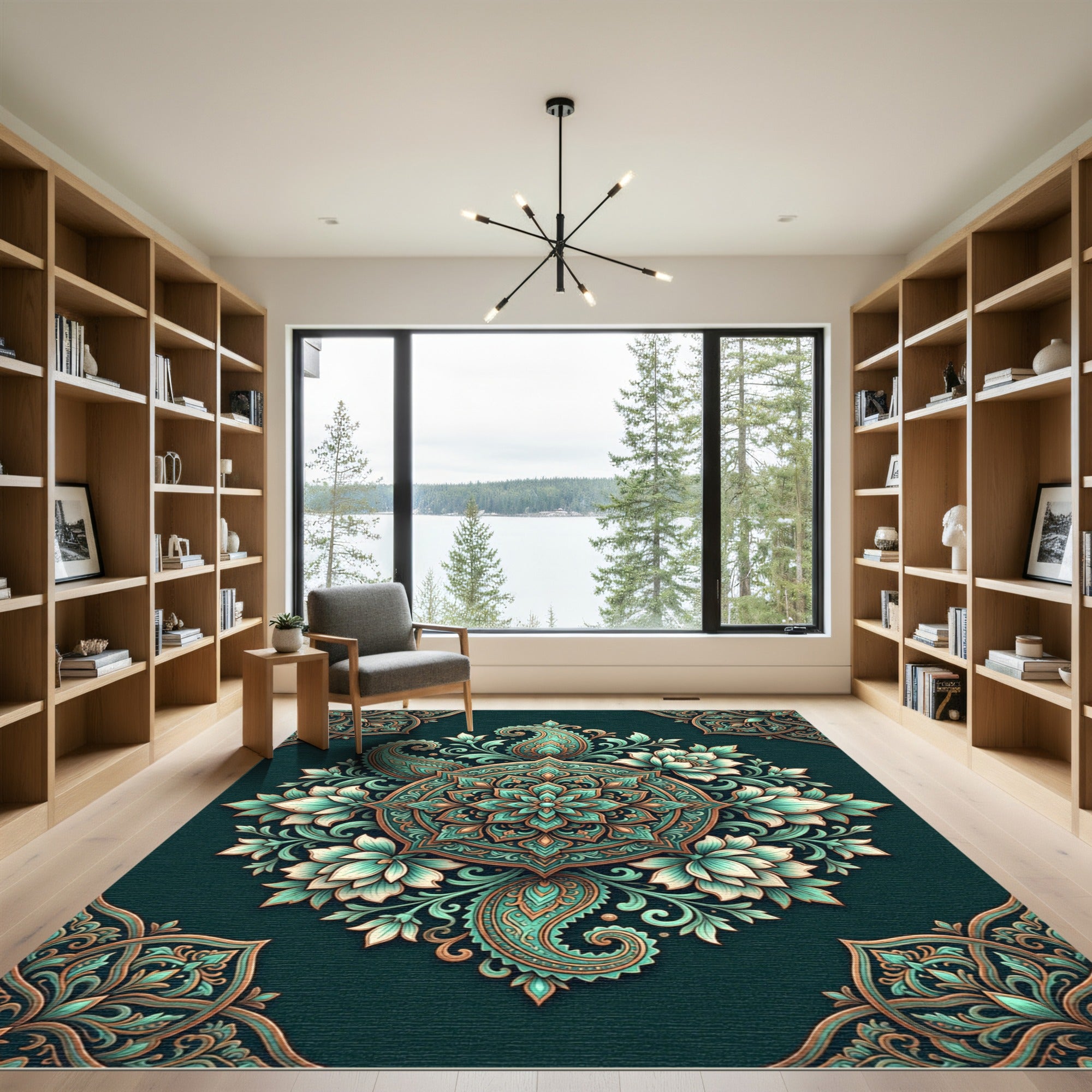 Teal and Gold Botanical Lotus Medallion Rug