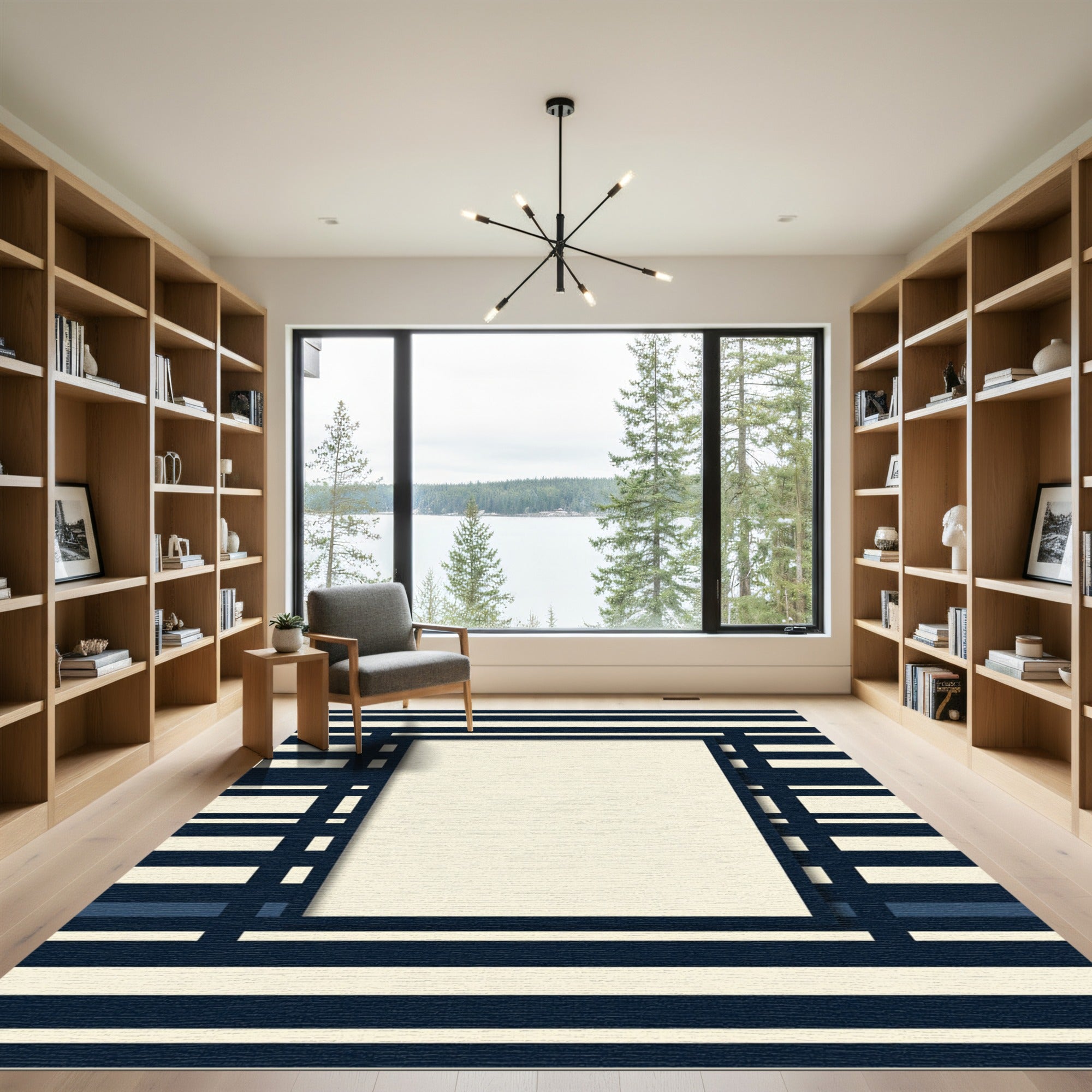 Navy Cream Striped Modern Frame Rug