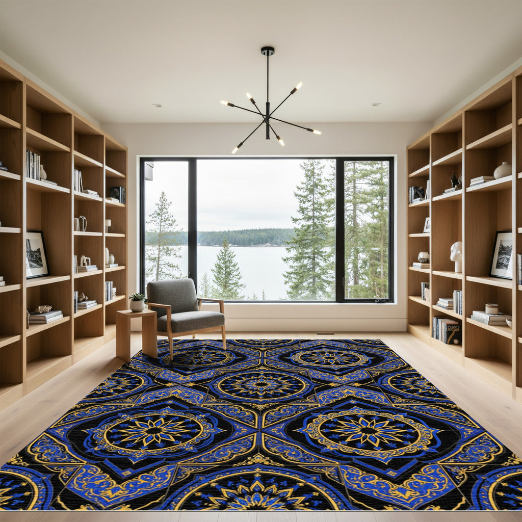 Royal Blue Golden Star Medallion Tile Rug