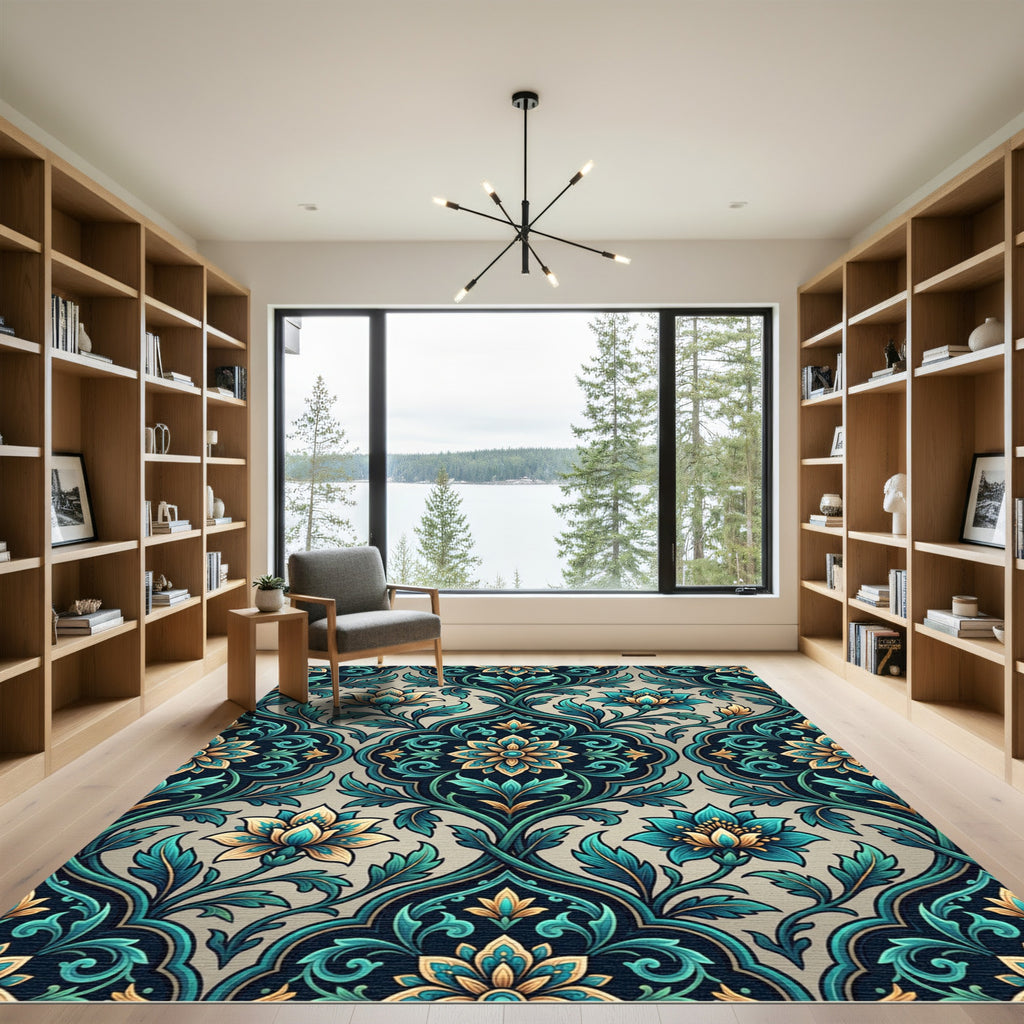 Teal and Gold Botanical Medallion Damask Rug