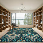 Teal and Gold Botanical Medallion Damask Rug