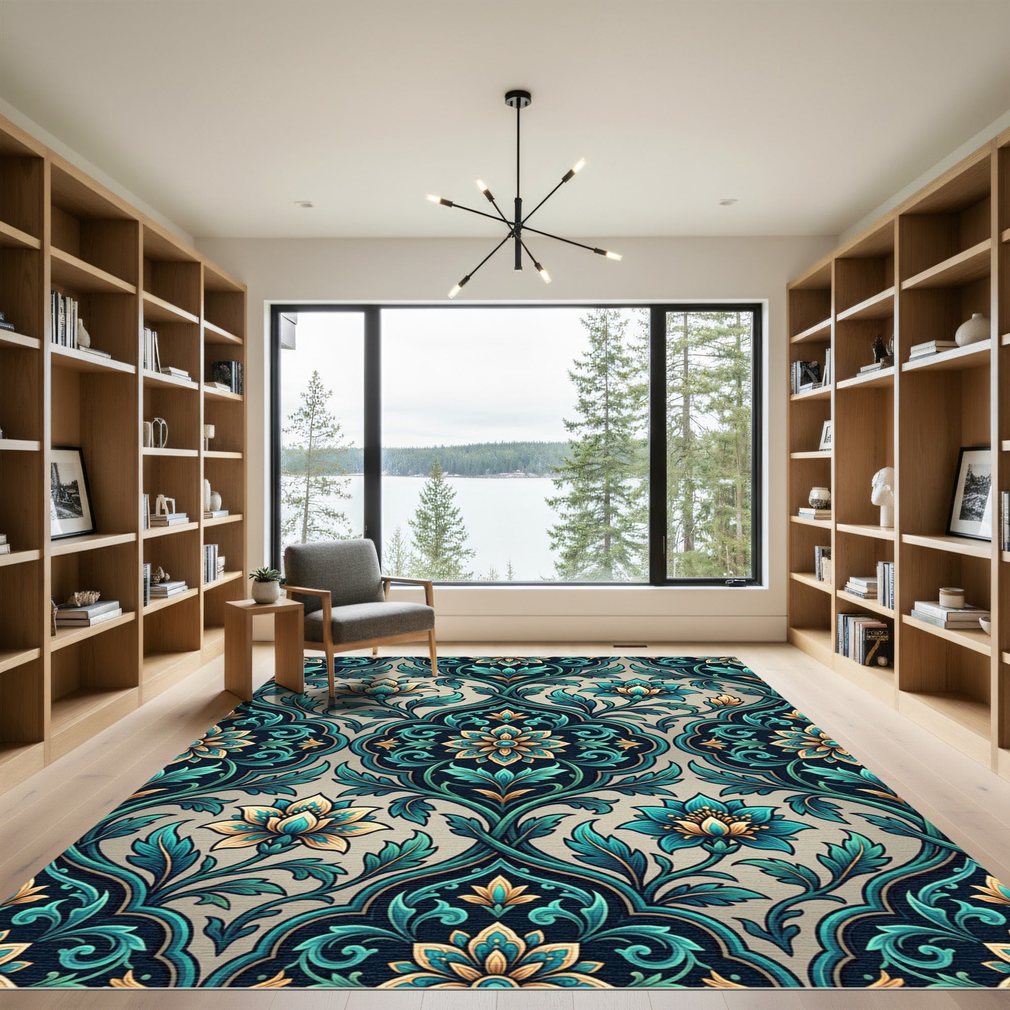 Teal and Gold Botanical Medallion Damask Rug