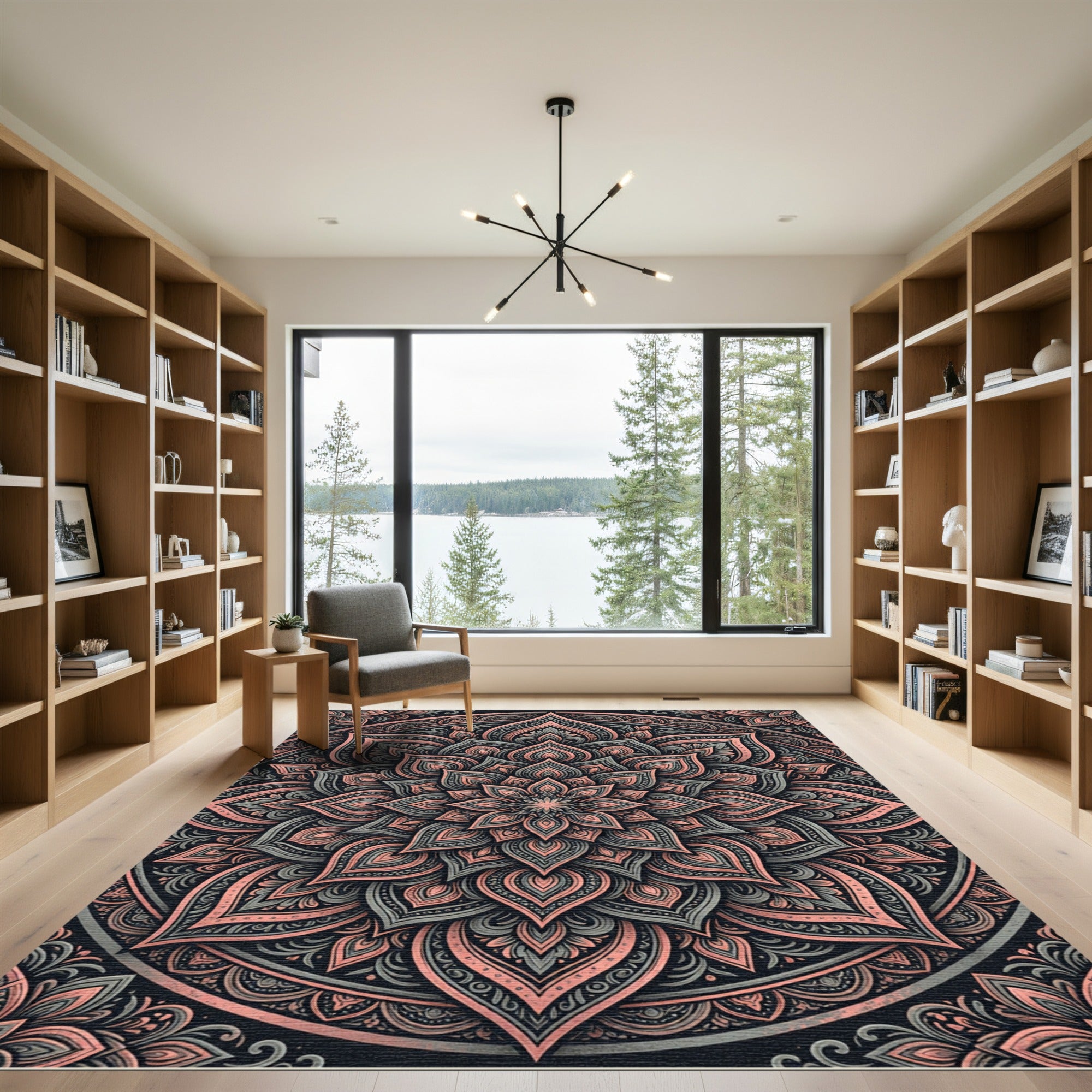 Ornate Coral and Gray Mandala Rug