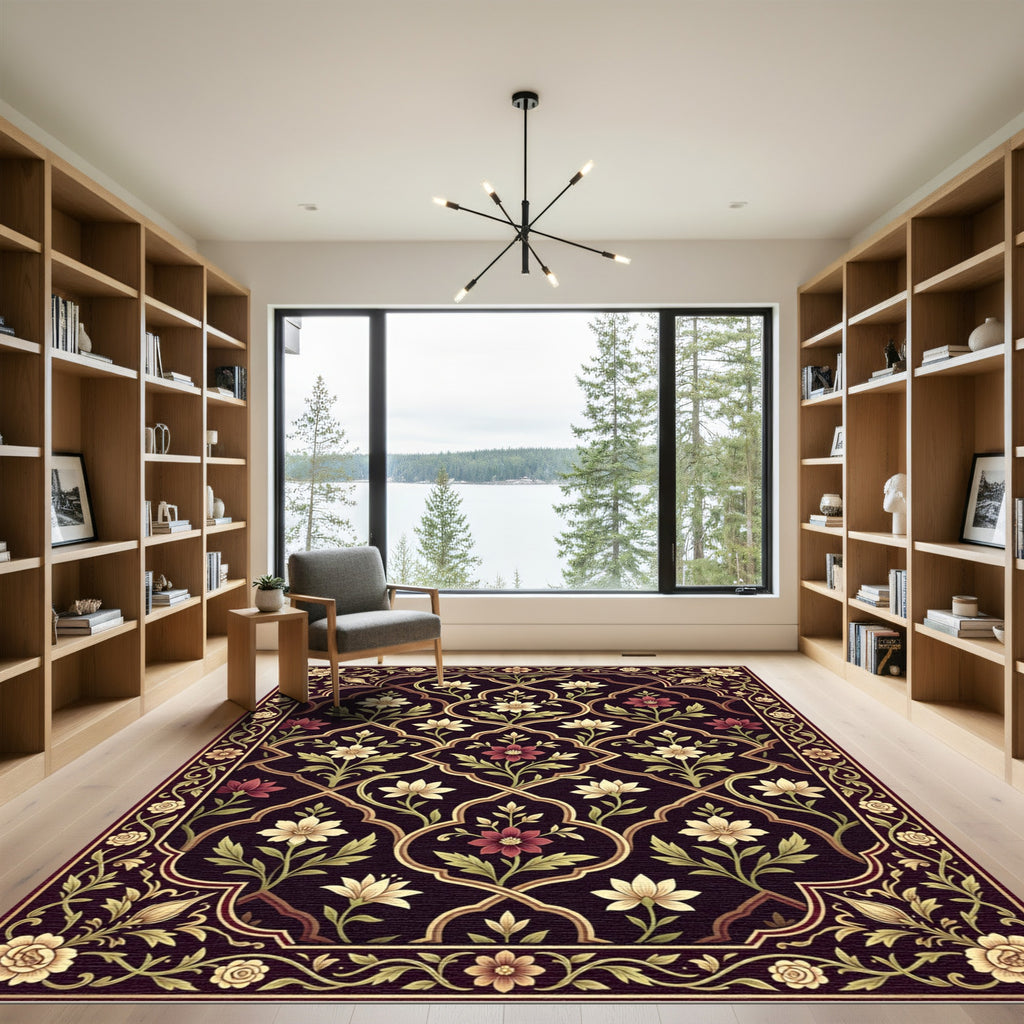 Deep Burgundy Floral Lattice Work Rug