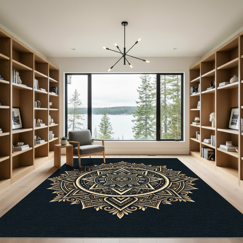 Golden Sunburst Mandala Medallion Circular Embellishment Rug