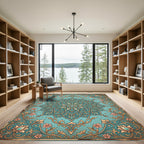 Teal Floral Medallion Ornate Scrollwork Rug