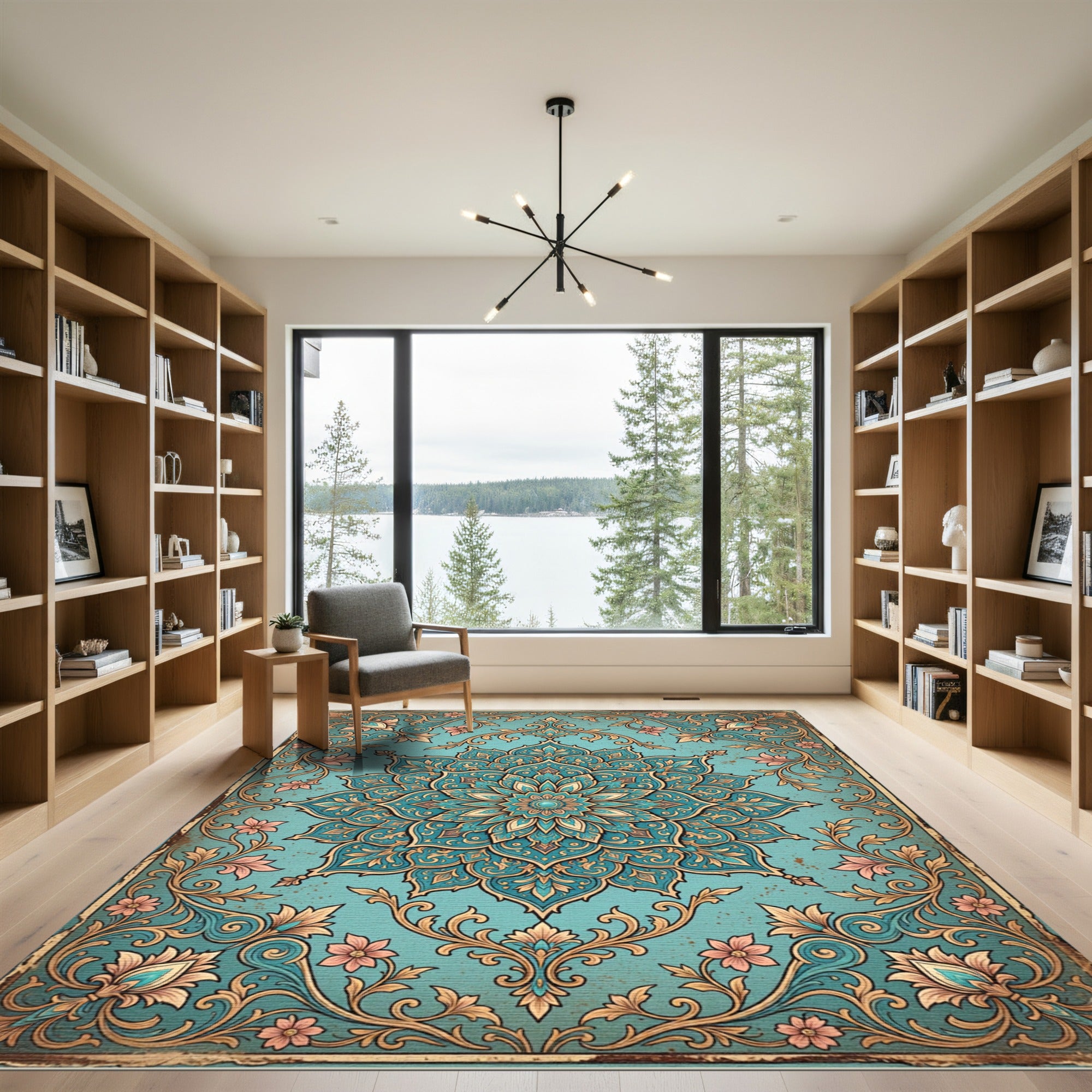 Teal Floral Medallion Ornate Scrollwork Rug