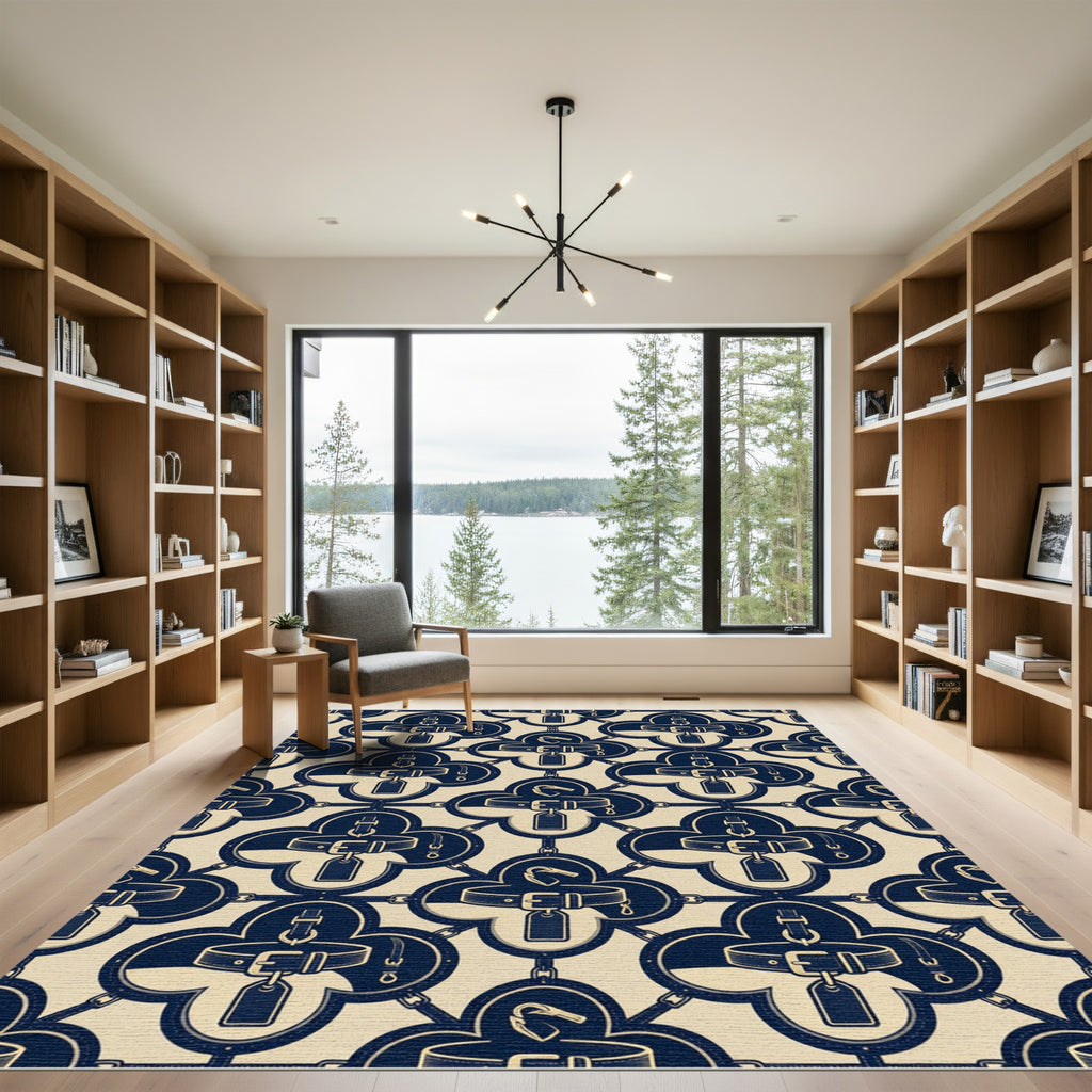 Navy Cream Equestrian Buckle Quatrefoil Rug