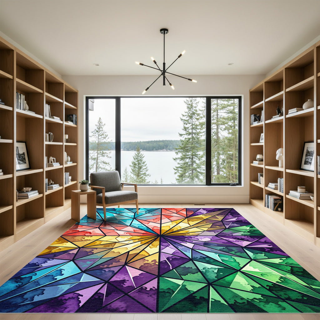 Vibrant Geometric Kaleidoscope Stained Glass Radiance Rug