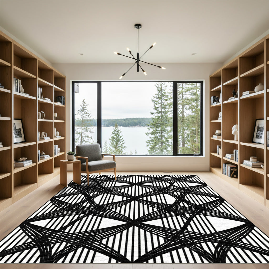 Monochrome Abstract Geometric Intersecting Linear Rug