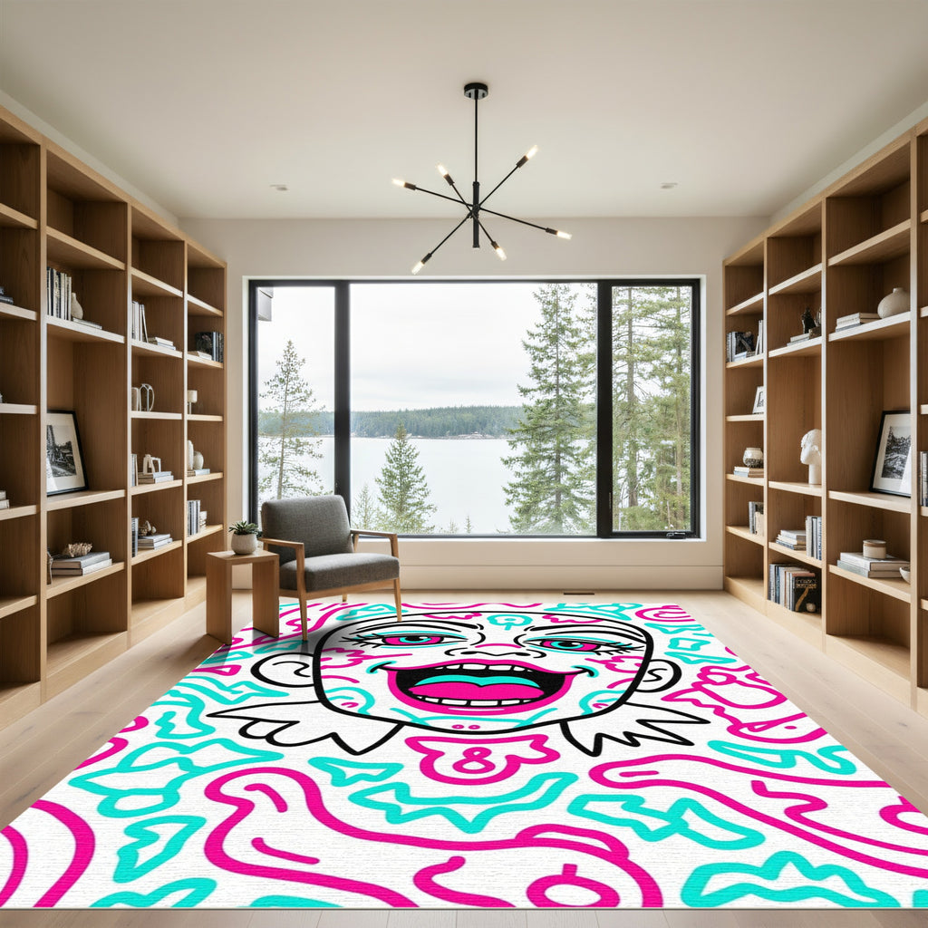 Vibrant Pink Turquoise Abstract Face Rug