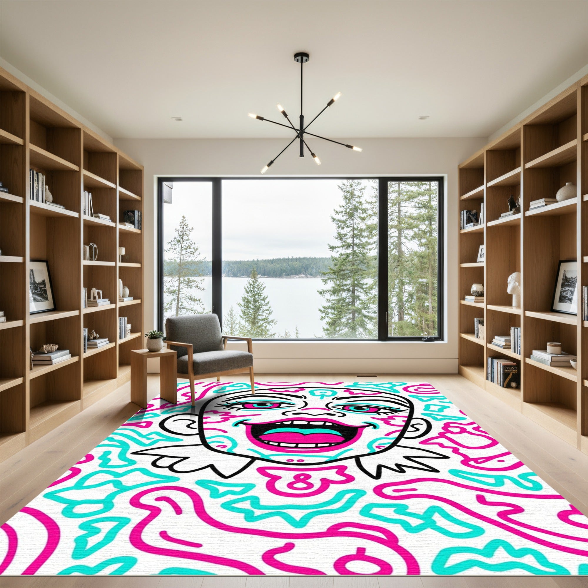Vibrant Pink Turquoise Abstract Face Rug