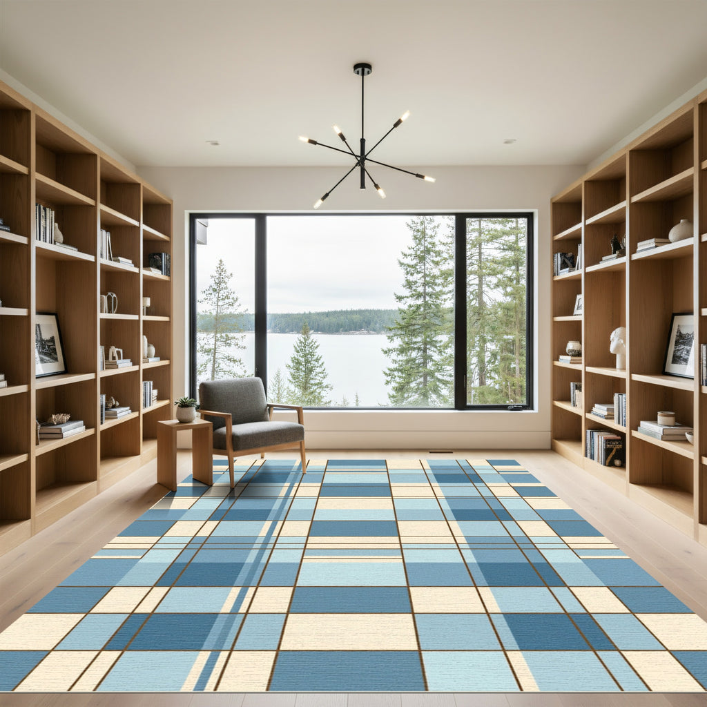 Blue Geometric Grid Plaid Check Rug