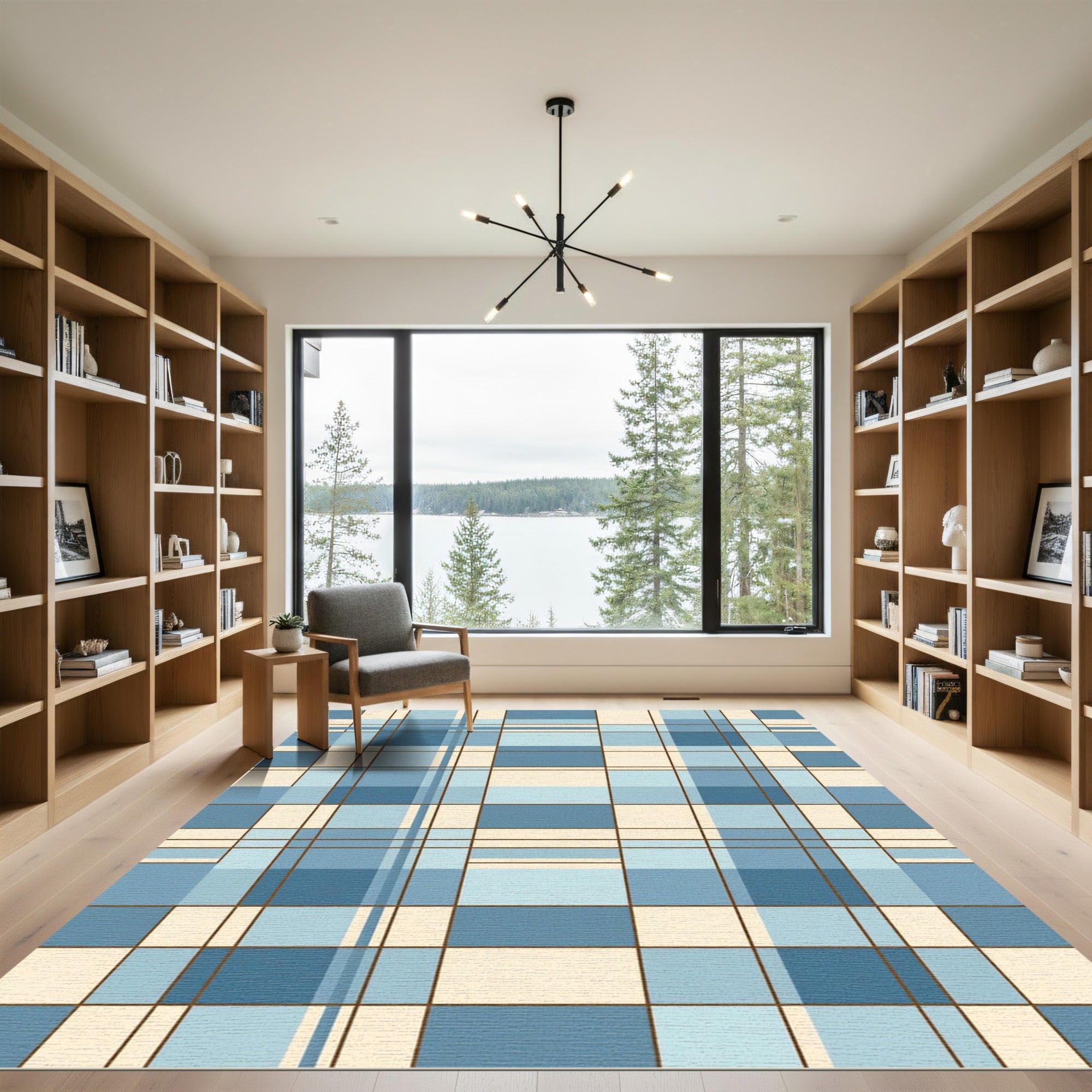 Blue Geometric Grid Plaid Check Rug