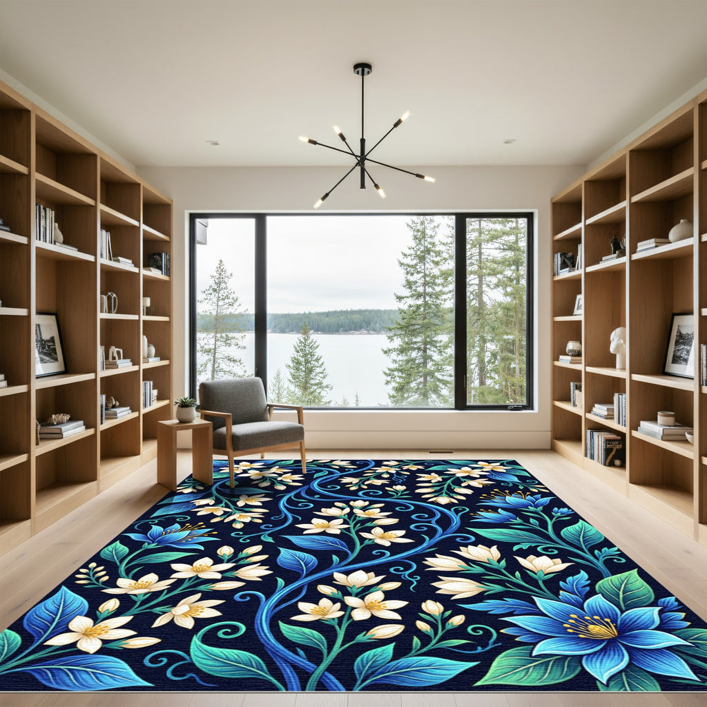 Elegant Blue Floral Swirl Botanical Rug