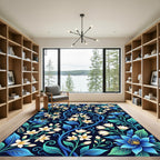 Elegant Blue Floral Swirl Botanical Rug