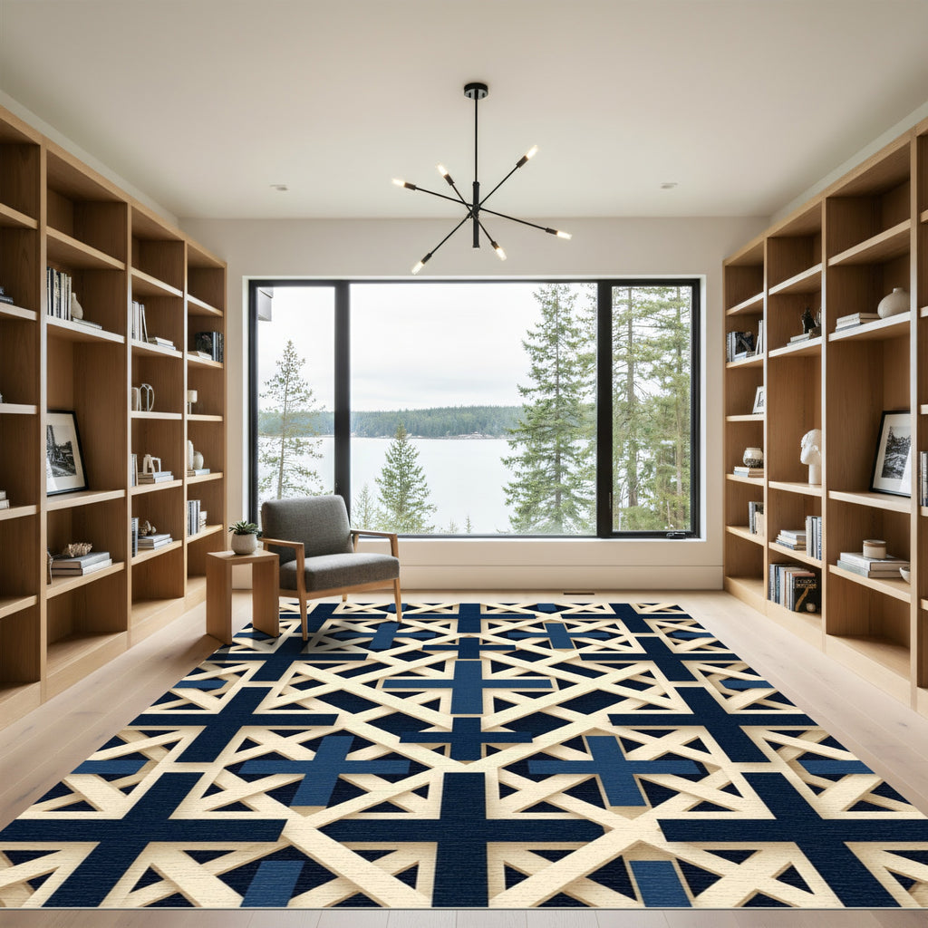 Navy and Cream Geometric Cross Grid Rug