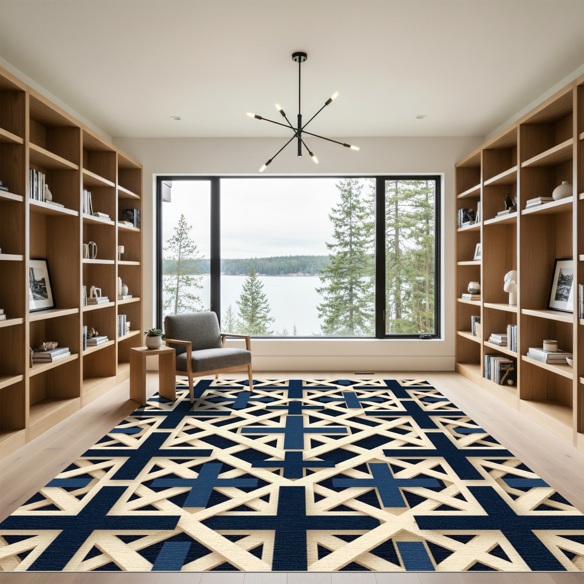 Navy and Cream Geometric Cross Grid Rug