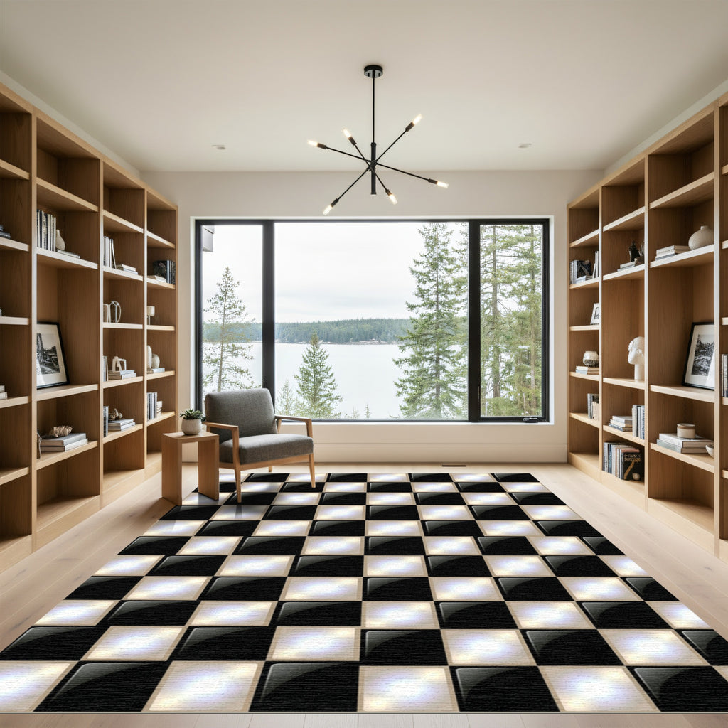 Luminous Black and White Geometric Checkered Rug